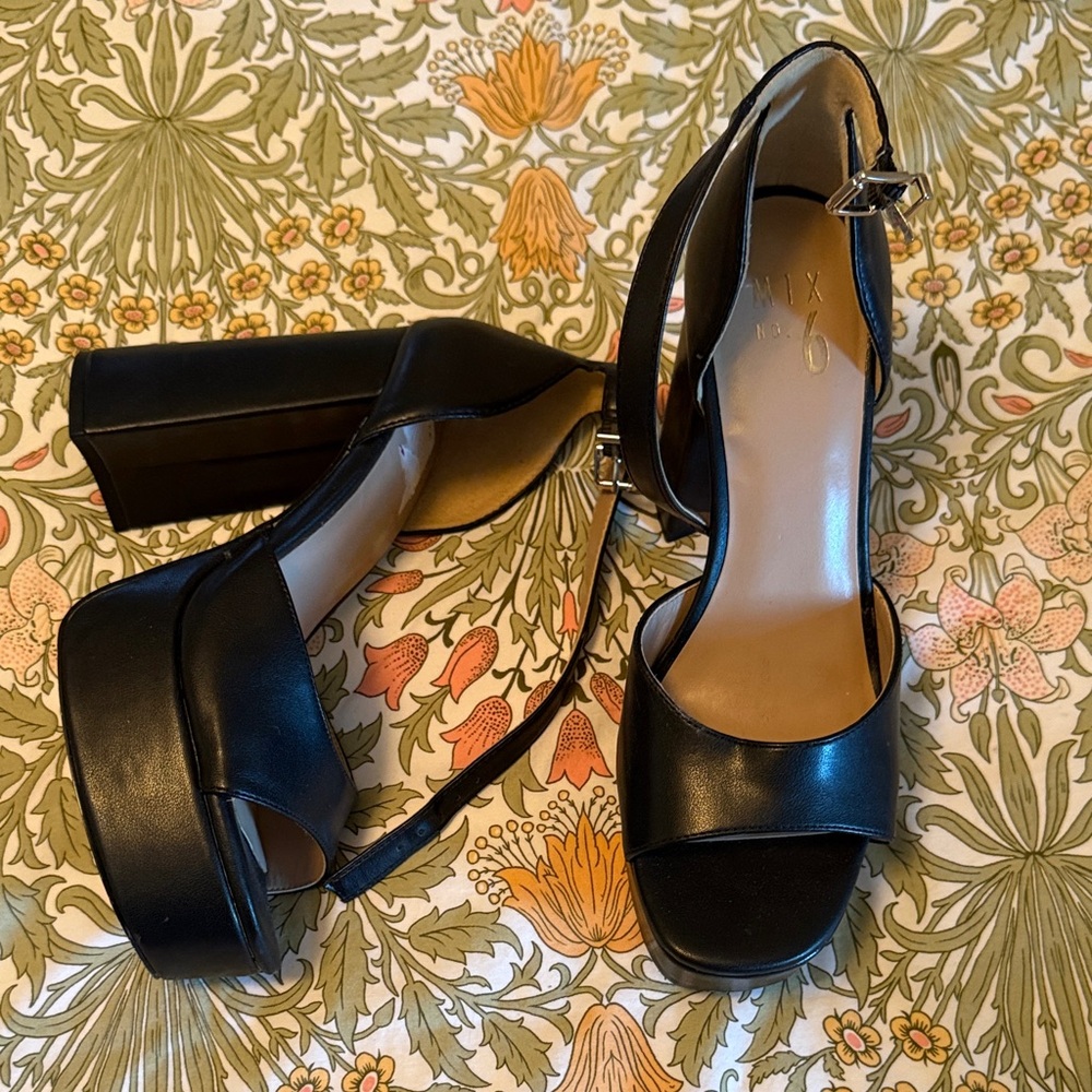 Mix No. 6 Black Platform Block Heel Sandals with Ankle Strap